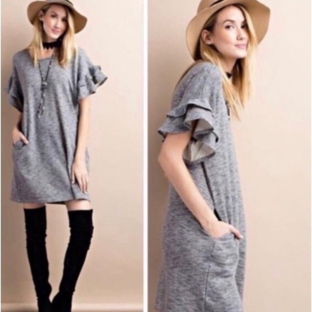 NEW Easel Grey Ruffle Sleeve Sweatshirt Casual Dress